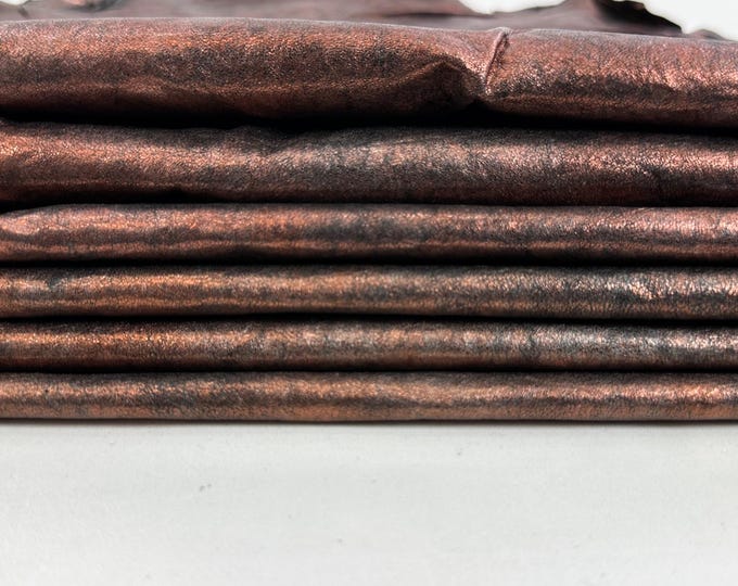 METALLIC COPPER ANTIQUED Crinkled Distressed Thin Soft Italian Lambskin Sheep Lamb Leather pack 2 hides skins total 14sqf 0.6mm #C5473