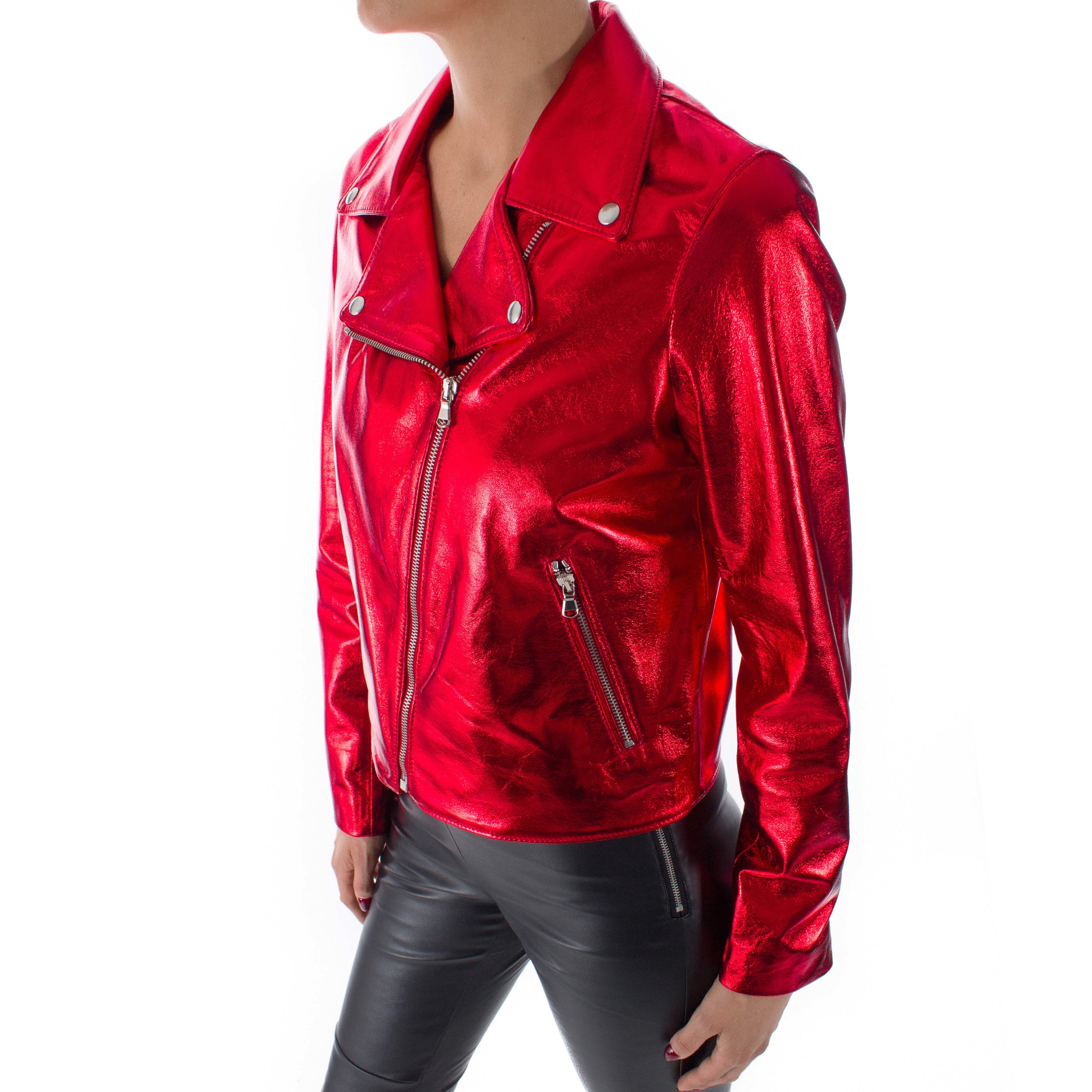 School - Raspberry Red Lambskin Leather Moto Jacket – Sweet Prima