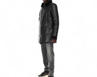Italian handmade Men genuine PREMIUM BLACK lamb leather Parka coat S to 2XL