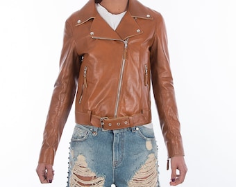 Italian handmade Women soft genuine lambskin lamb leather biker jacket slim fit color TAN DISTRESSED