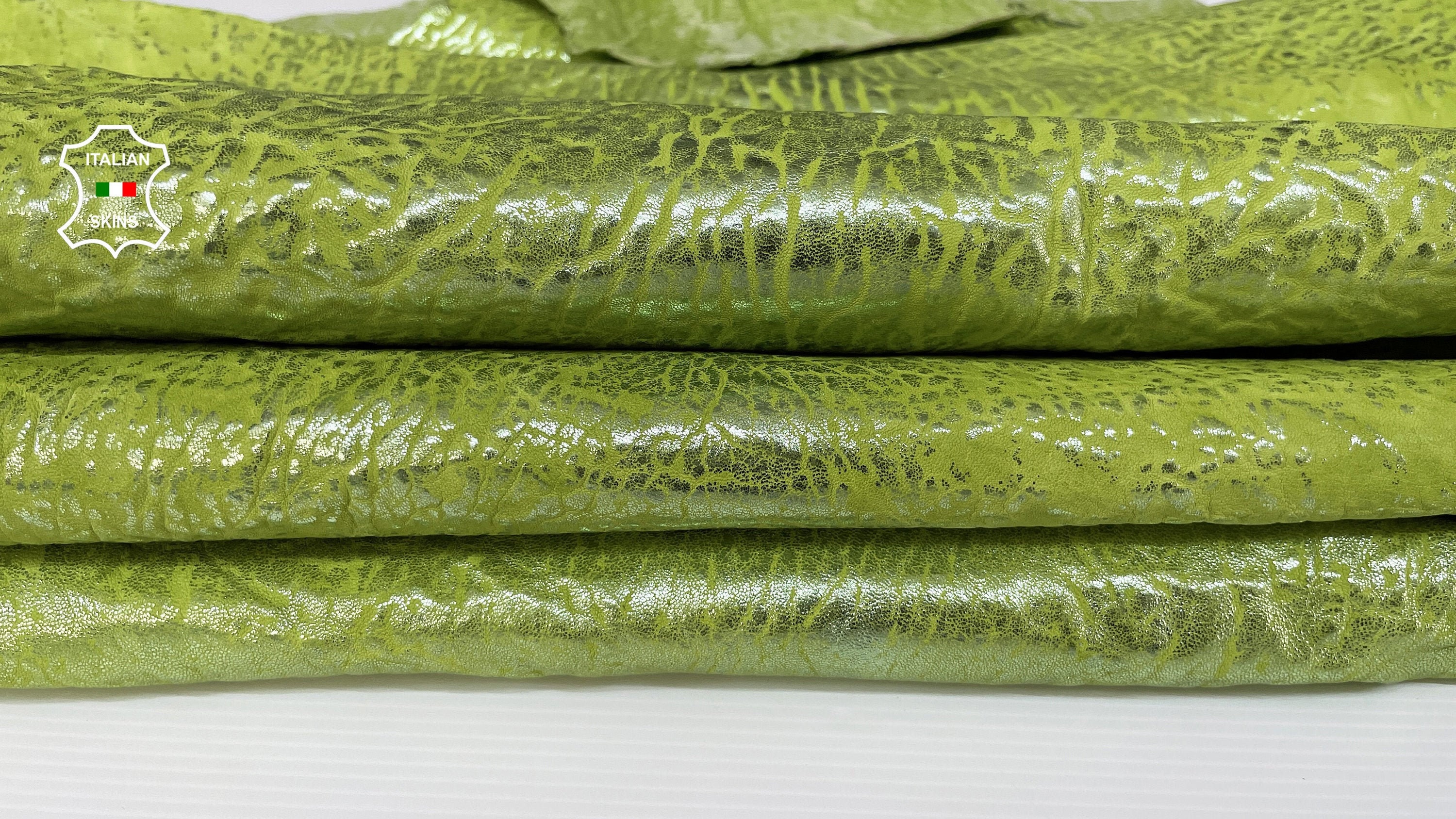 BUBBLY LIME GREEN metallic distressed washed grainy textured vintage thick Lambskin Lamb Sheep ...