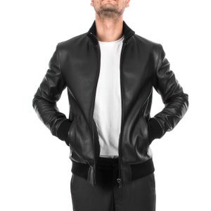 Italian handmade Fantastic slim fit Men soft genuine lambskin Bomber leather jacket color Back S to 2XL