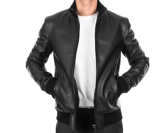 Delivered Duty Paid-Italian handmade Fantastic slim fit Men soft genuine lambskin Bomber leather jacket color Back S to 2XL