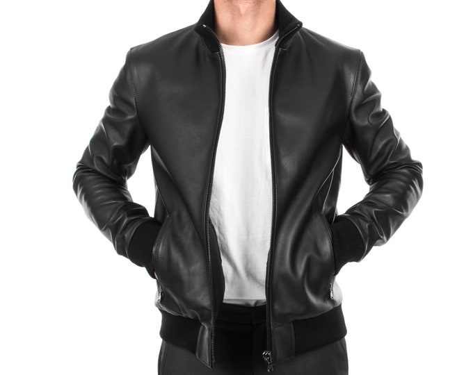 Italian handmade Fantastic slim fit Men soft genuine lambskin Bomber leather jacket color Back S to 2XL