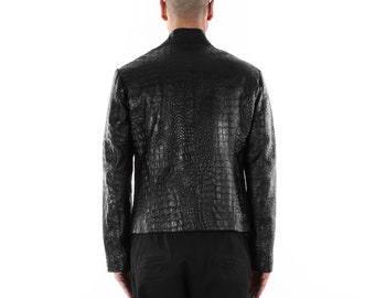 Italian handmade Men black Crocodile textured leather biker jacket