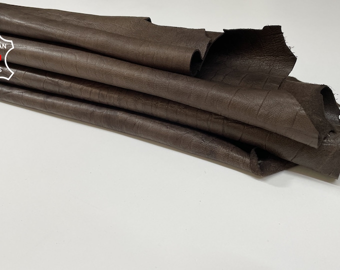 NATURAL BROWN CROCODILE Print Embossed Textured Vegetable Tan On Soft Italian Lambskin Sheep Leather pack 4 skins total 35sqf 0.5mm #B754