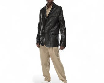 Italian Handmade Men Genuine WASHED BUBBLY Black Lamb Leather Blazer Jacket S TO 3XL