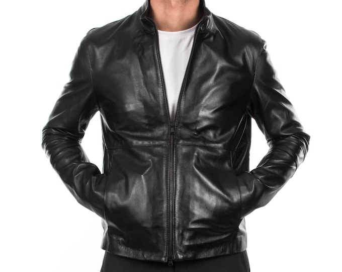 Italian handmade  slim fit Men soft genuine lambskin short leather jacket color BLACK S to 2XL