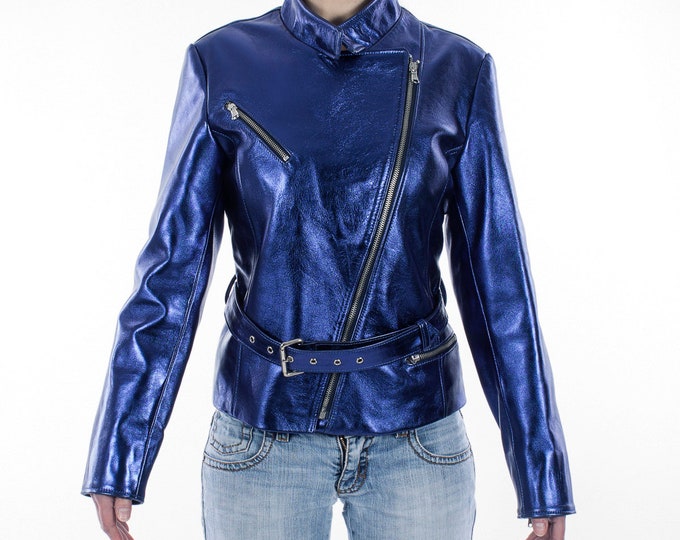 Italian handmade Women genuine lambskin leather biker jacket slim fit Metallic Blue