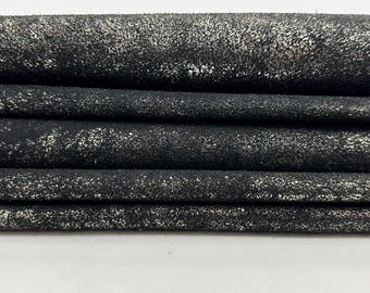 METALLIC PLATINUM CRACKED On Black Thick Italian Calfskin Calf Cow leather hide hides skin skins 15sqf 1.4mm #C5069