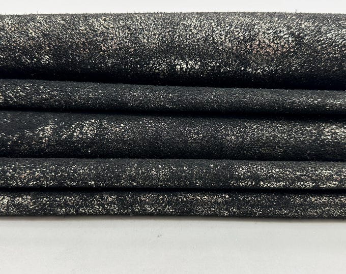 METALLIC PLATINUM CRACKED On Black Thick Italian Calfskin Calf Cow leather hide hides skin skins 15sqf 1.4mm #C5069