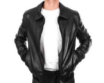 Italian handmade Men soft genuine lambskin Bomber leather jacket color BLACK S to 2XL