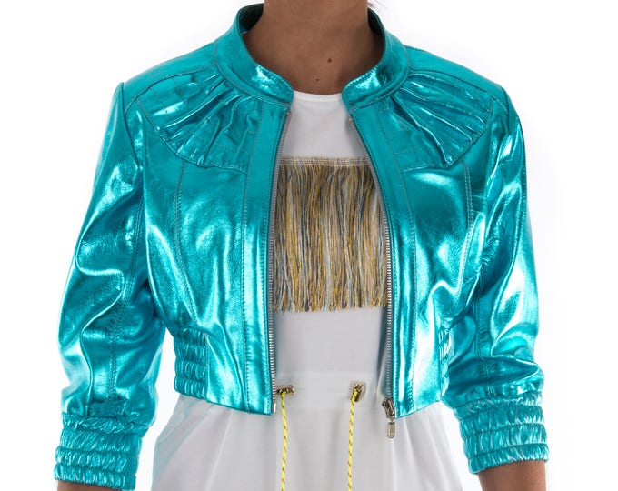 Italian handmade Women genuine leather cropped bomber jacket metallic turquoise blue