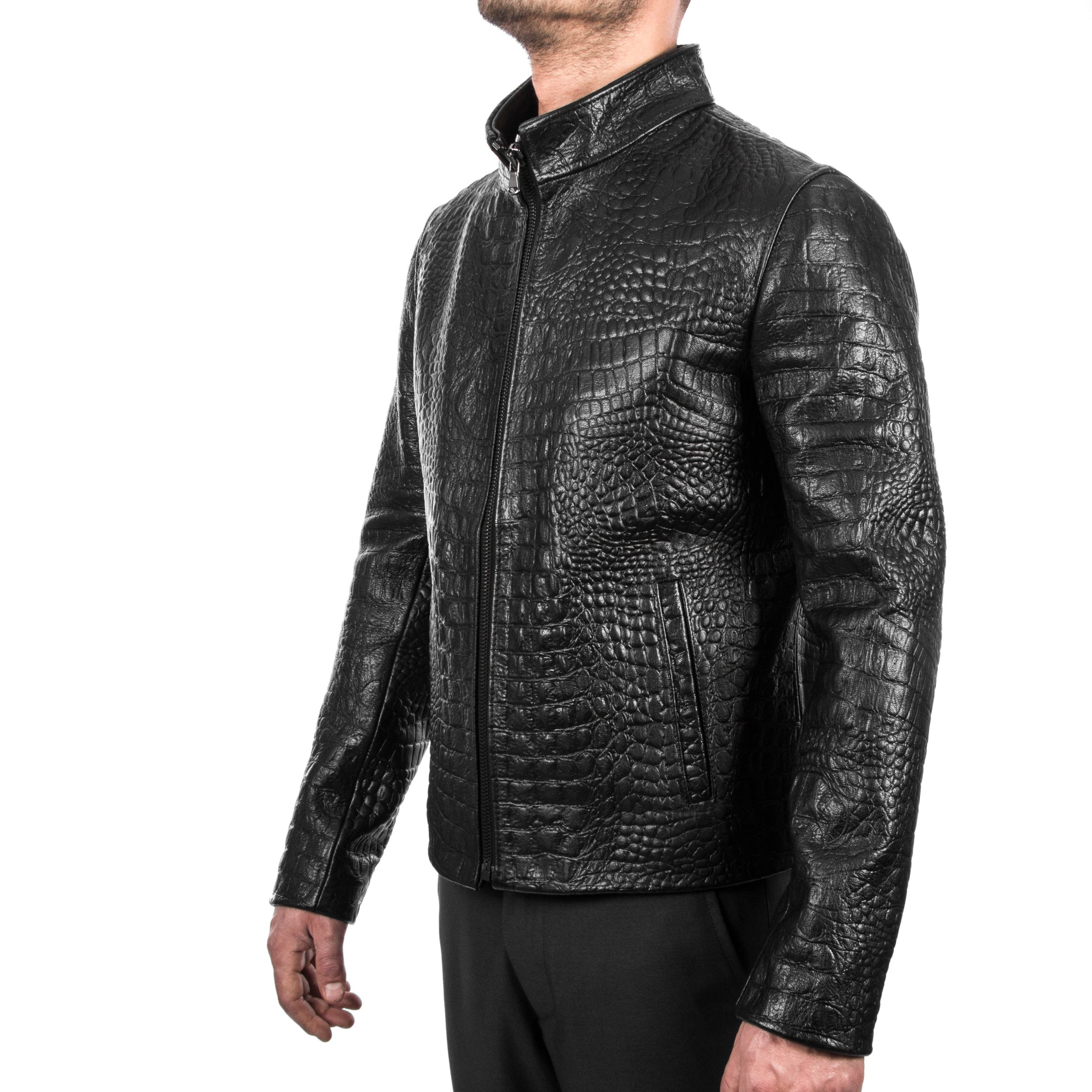 Italian handmade Men black Crocodile textured leather biker jacket