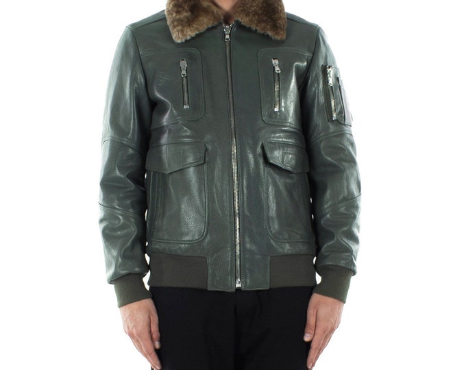 Italian handmade Men aviator Bomber genuine leather jacket comfortable fit olive green sheepskin fur collar