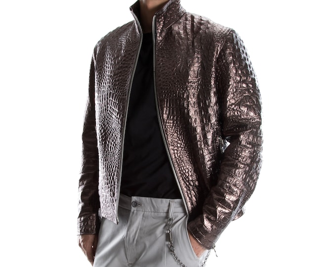 BRONZE ALLIGATOR CROCODILE texture on Goatskin genuine leather Italian handmade Men  jacket slim fit xs to 2xl