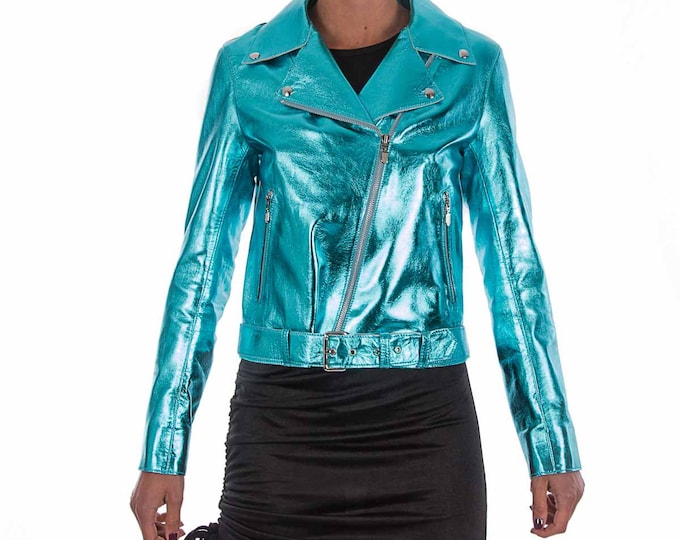 Italian handmade Women soft genuine lambskin lamb leather biker jacket slim fit color Metallic Turquoise Blue