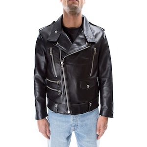 Italian handmade Men genuine lambskin leather biker jacket slim fit color black silver hardware S to 2XL