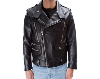 Italian handmade Men genuine lambskin leather biker jacket slim fit color black silver hardware S to 2XL