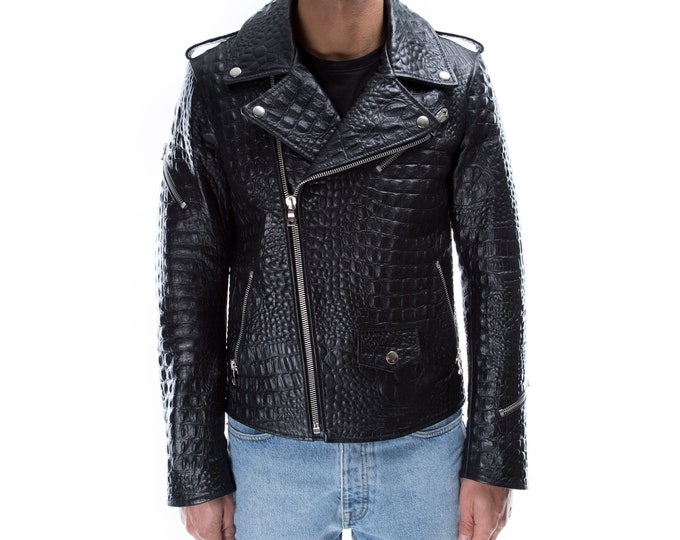 Italian handmade Men biker jacket slim fit black Crocodile textured embossed on Goat leather XXS to 3XL