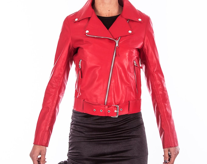 Italian handmade Women soft genuine lambskin lamb leather biker jacket slim fit color Red