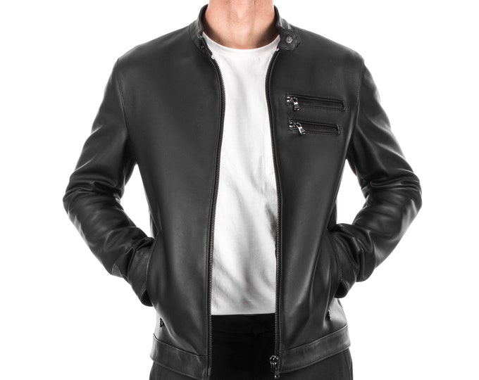 Italian handmade Fantastic slim fit Men soft genuine lambskin leather jacket color BLACK XS to 2XL