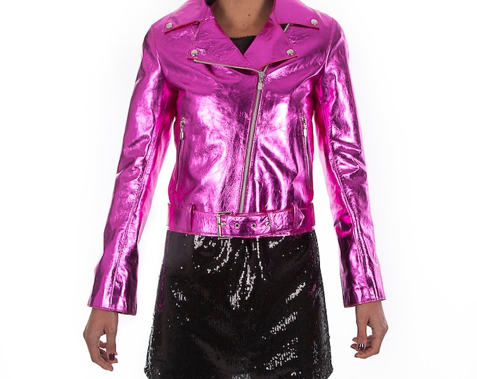 Italian handmade Women soft genuine lambskin lamb leather biker jacket slim fit color Metallic hot pink Fuchsia