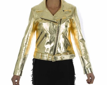 Italian handmade Women genuine lamb leather biker jacket slim fit metallic gold