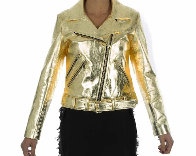 Italian handmade Women genuine lamb leather biker jacket slim fit metallic gold