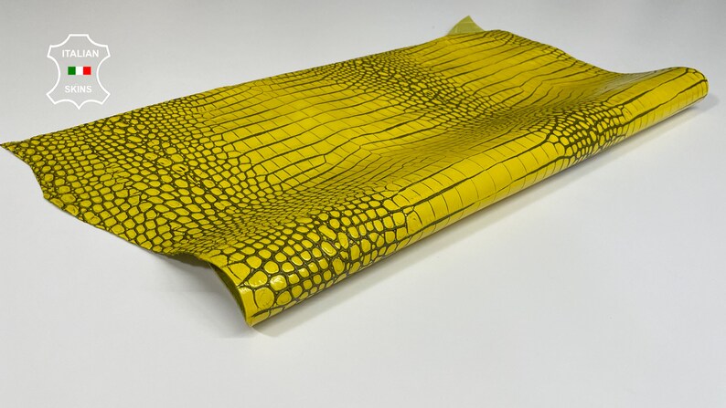 YELLOW CROCODILE TEXTURED Embossed Print On Italian Calfskin Calf Cow Leather hide hides skin skins 1.2mm B2965 image 3