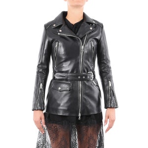 Italian handmade Women genuine leather long biker jacket slim fit black