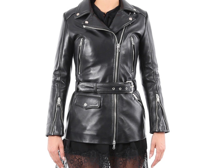 Italian handmade Women genuine leather long biker jacket slim fit black