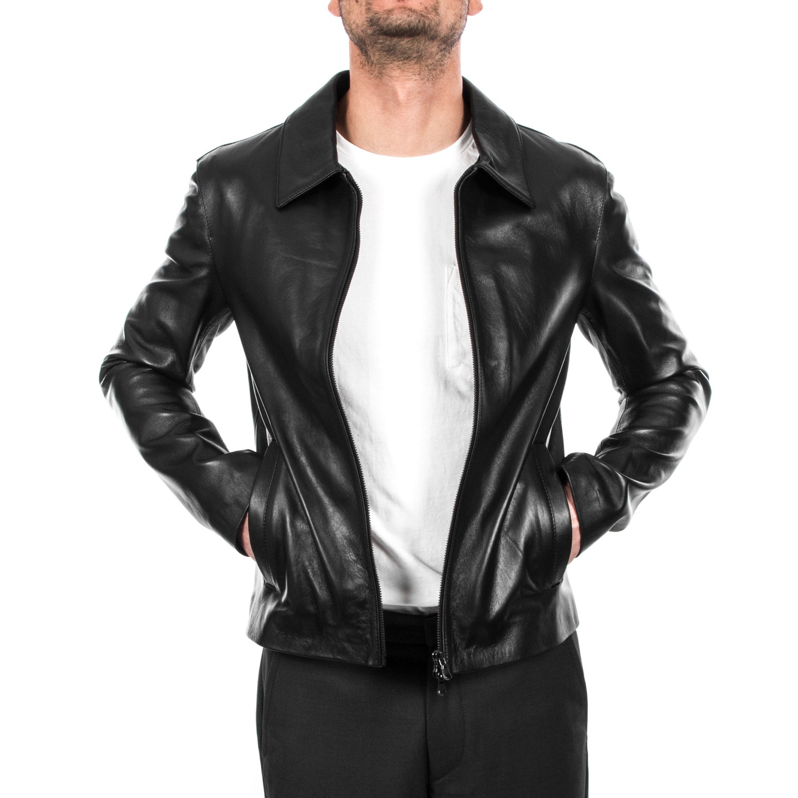 Italian Handmade Men's Genuine Leather Jacket – Black Crocodile Texture – Slim Fit - View #2