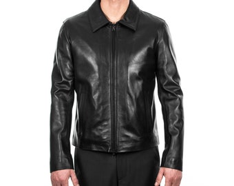 Italian handmade Men genuine lambskin leather jacket slim fit BLACK