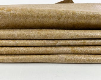 WASHED CAMEL BEIGE Coated Crinkled Gold Shimmer print Thick Italian Goatskin Goat leather pack 3 hides skins total 20sqf 1.2mm #C5566