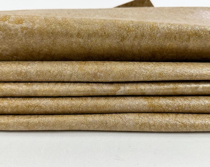 WASHED CAMEL BEIGE Coated Crinkled Gold Shimmer print Thick Italian Goatskin Goat leather pack 3 hides skins total 20sqf 1.2mm #C5566