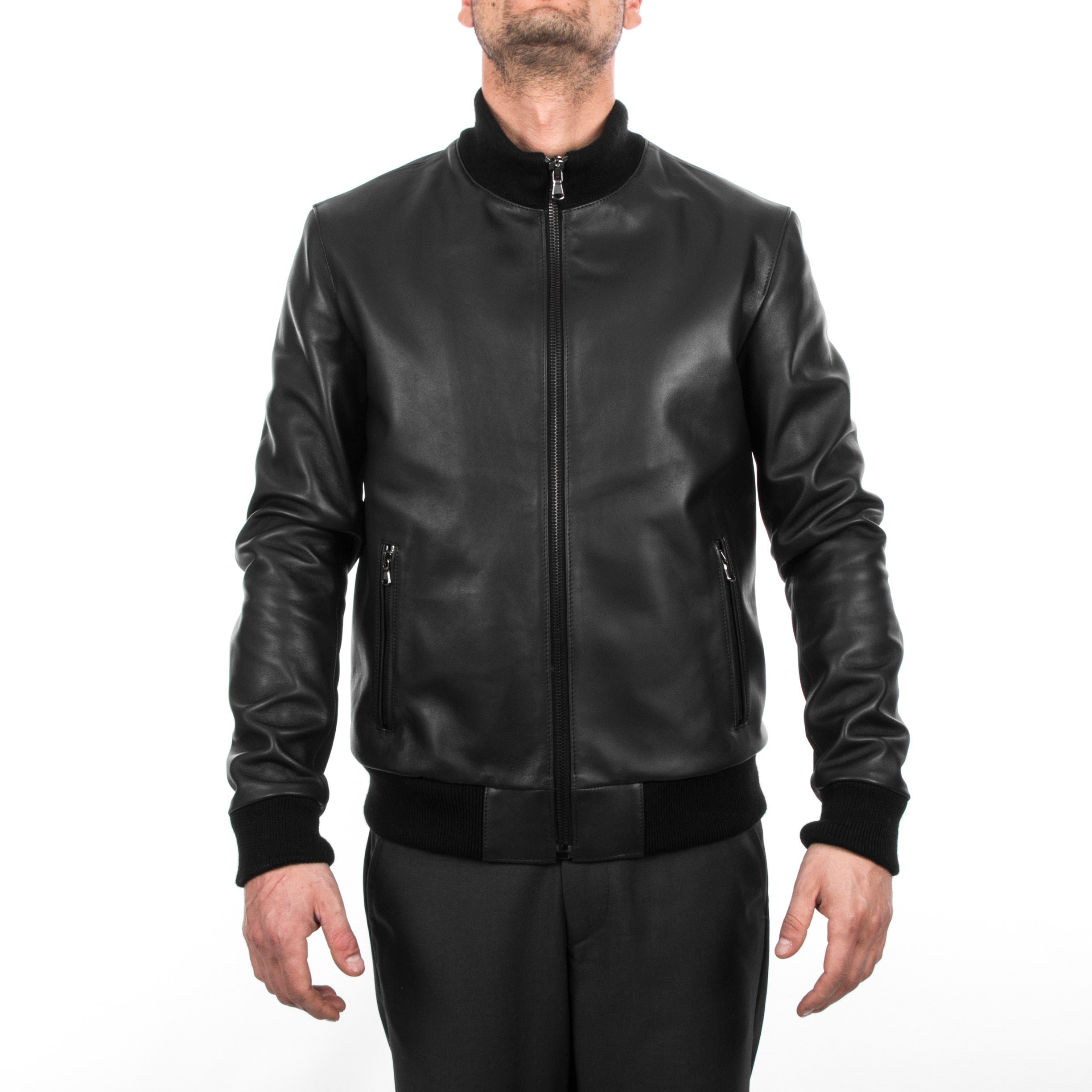 Men's Black Lambskin Slim-Fit Bomber Leather Jacket