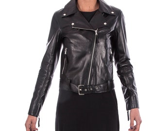 Italian handmade Women soft genuine lambskin lamb leather biker jacket slim fit color BLACK