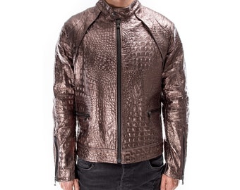 BRONZE ALLIGATOR CROCODILE texture embossed on genuine Goatskin leather Italian handmade Men  jacket slim fit Xs to 3XL