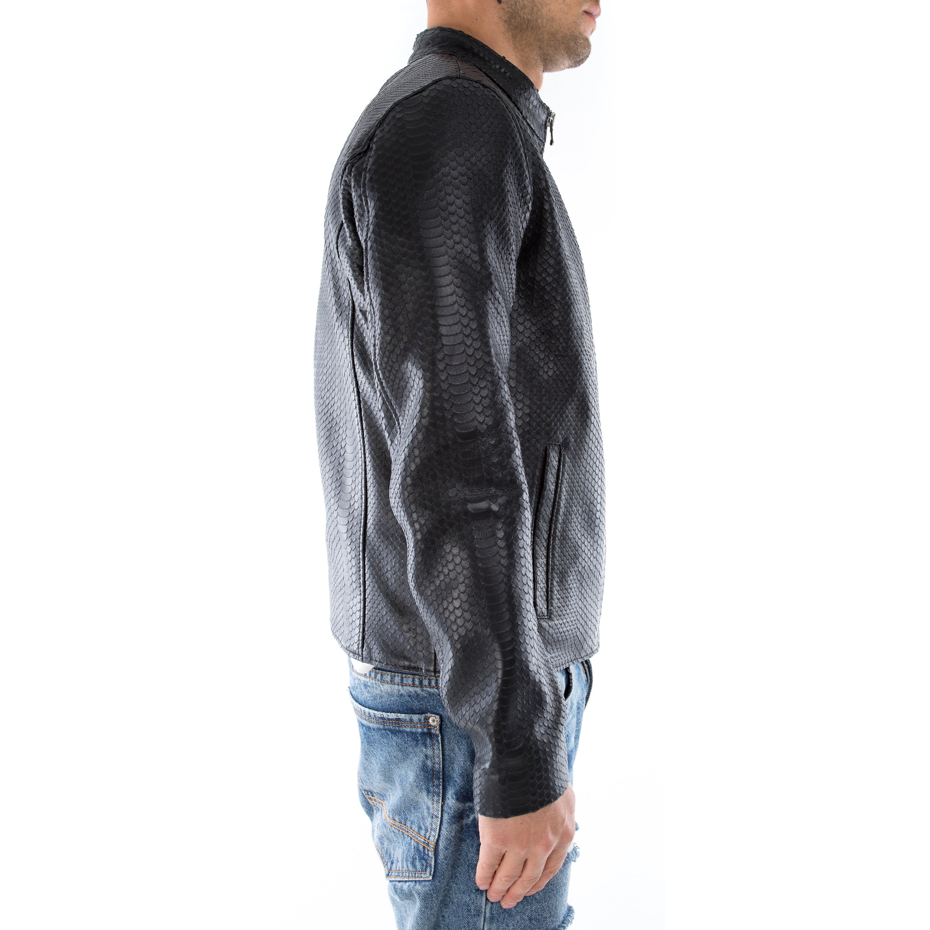 Italian handmade slim fit Men genuine leather jacket black lambskin snake  texture XS to 2XL