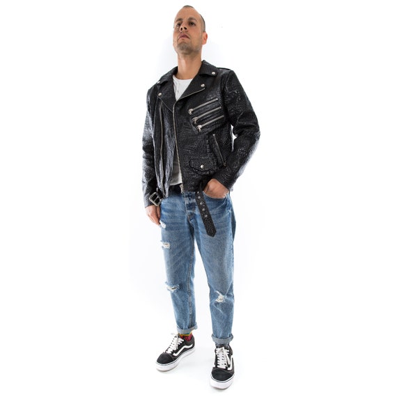 Italian handmade Men black Crocodile textured leather biker jacket slim fit  XXS to 3XL