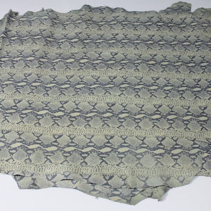 May include: A piece of light green snakeskin with a dark gray snake pattern.