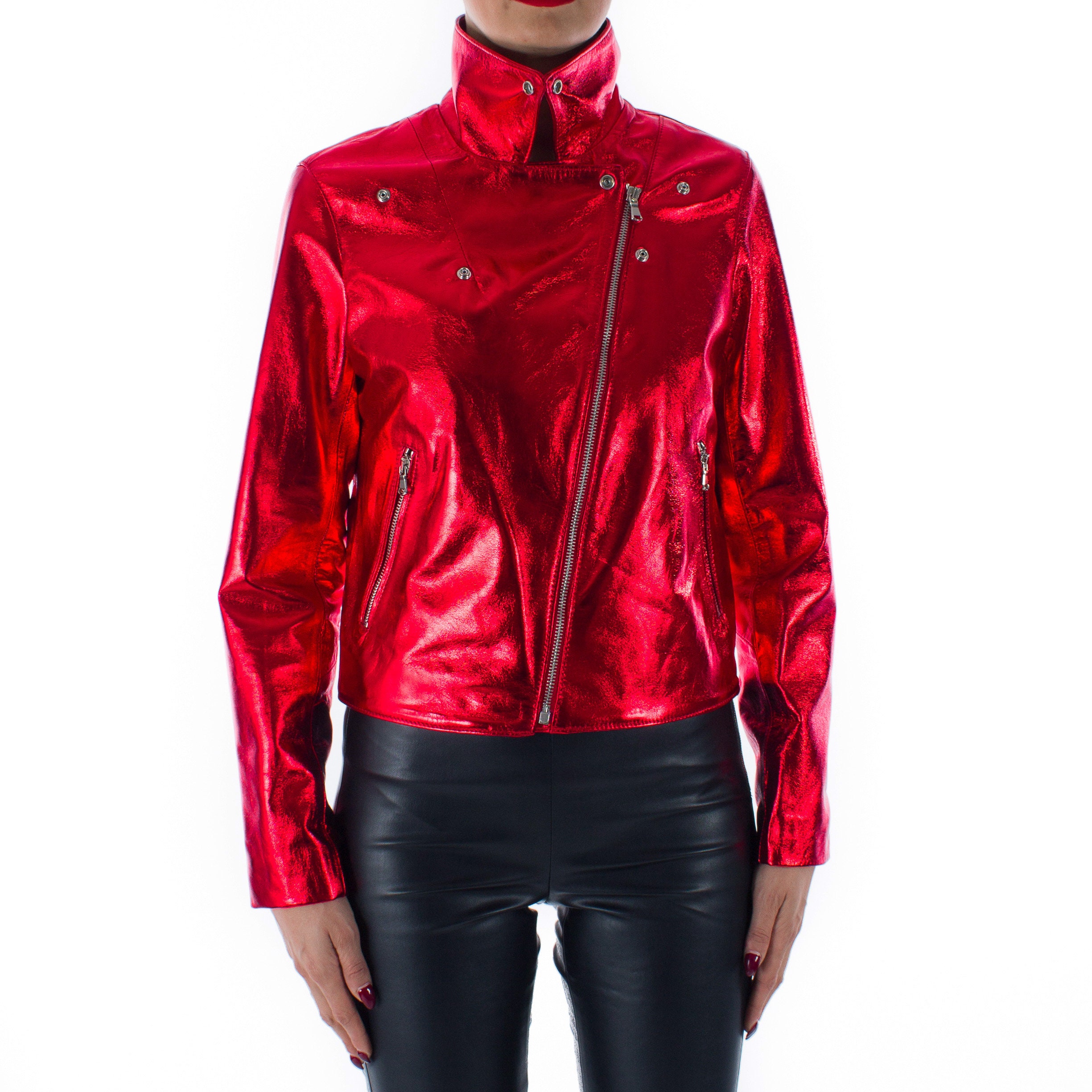 Italian handmade Women genuine lambskin leather biker jacket slim fit Metallic Red