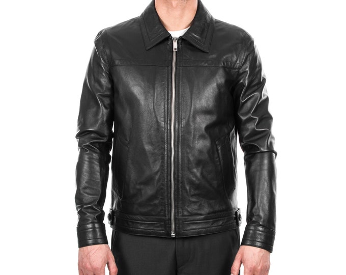 Italian handmade Men genuine lambskin leather jacket casual fit Black S to 3XL