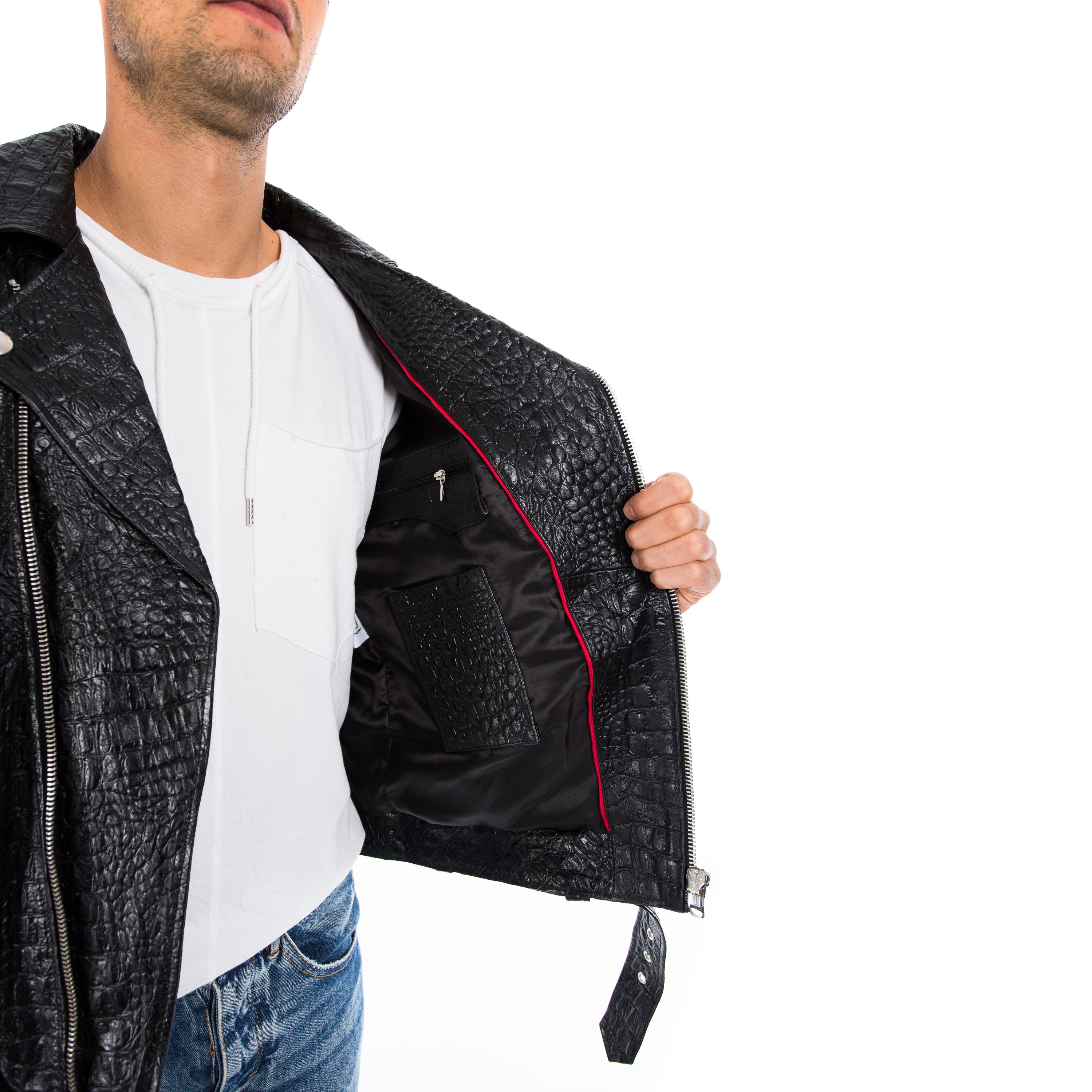 Italian handmade slim fit Men genuine leather jacket black lambskin snake  texture XS to 2XL