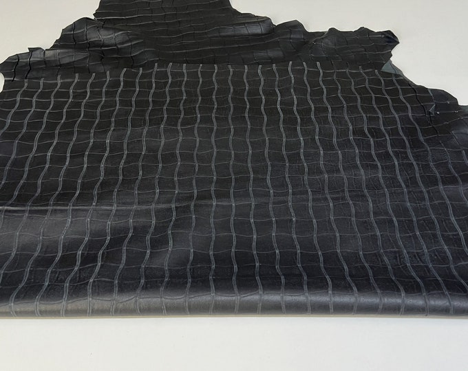 BLACK CROCODILE TEXTURED Print On Vintage Look Thin Soft Italian Lambskin Lamb Sheep Leather pack 2 hides skins total 12+sqf 0.6mm #B7963