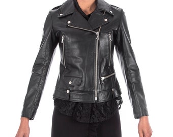 Italian handmade Women genuine leather biker jacket slim fit black