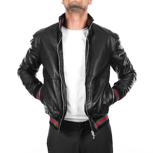 Italian handmade Men soft genuine lambskin Bomber leather jacket color Black S to XL
