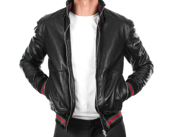 Italian handmade Men soft genuine lambskin Bomber leather jacket color Black S to XL