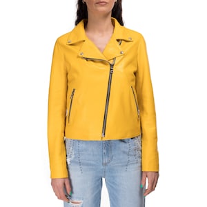 Italian handmade Women genuine lambskin leather biker jacket slim fit Yellow
